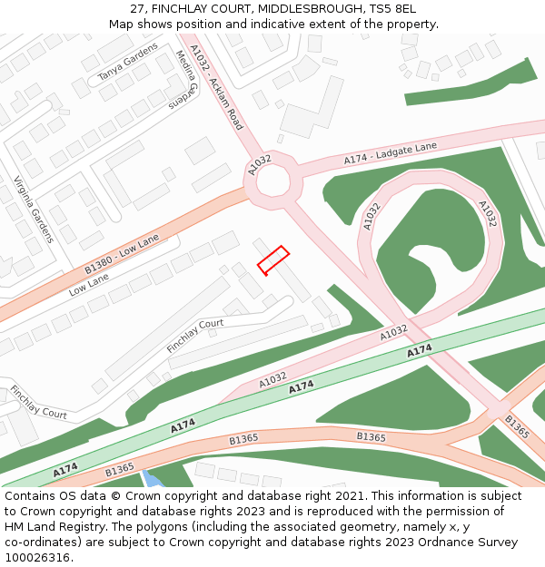 27, FINCHLAY COURT, MIDDLESBROUGH, TS5 8EL: Location map and indicative extent of plot