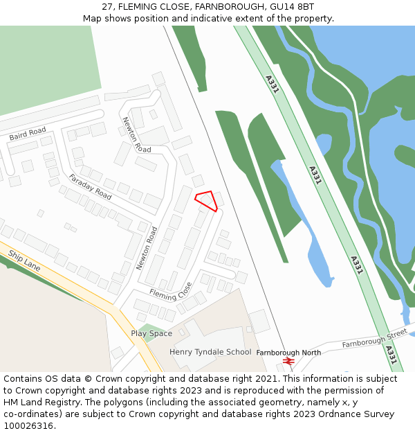 27, FLEMING CLOSE, FARNBOROUGH, GU14 8BT: Location map and indicative extent of plot