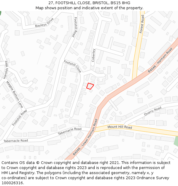 27, FOOTSHILL CLOSE, BRISTOL, BS15 8HG: Location map and indicative extent of plot