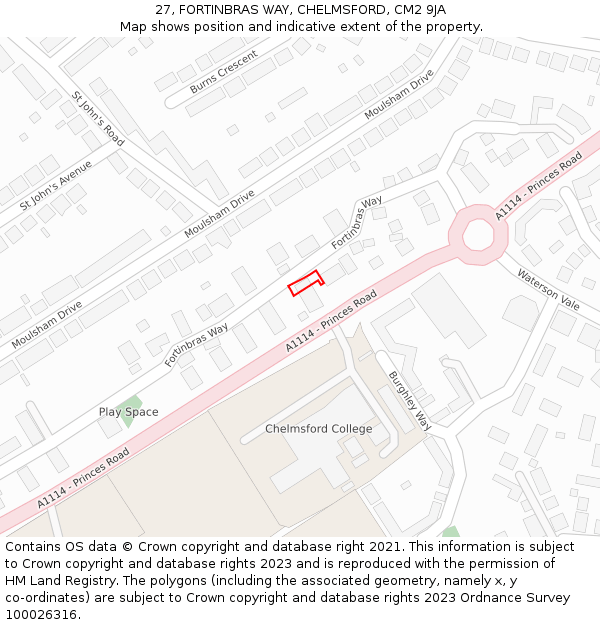 27, FORTINBRAS WAY, CHELMSFORD, CM2 9JA: Location map and indicative extent of plot