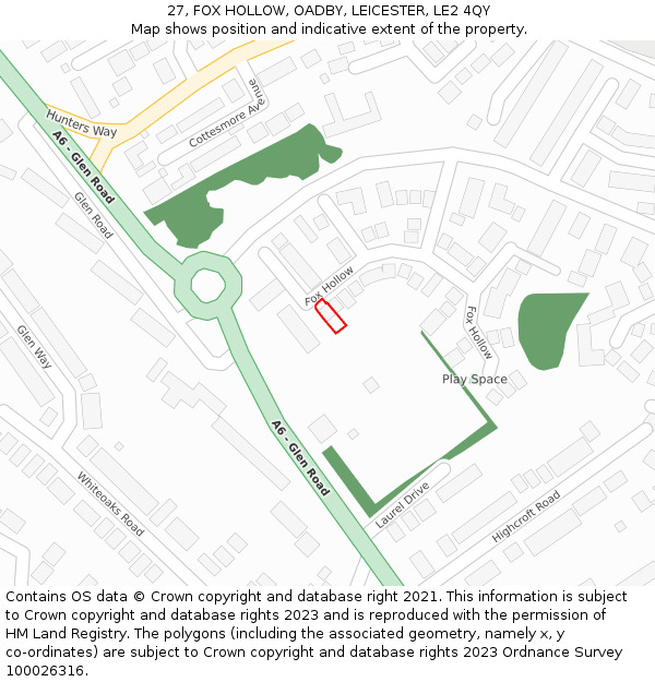 27, FOX HOLLOW, OADBY, LEICESTER, LE2 4QY: Location map and indicative extent of plot