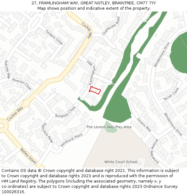 27, FRAMLINGHAM WAY, GREAT NOTLEY, BRAINTREE, CM77 7YY: Location map and indicative extent of plot