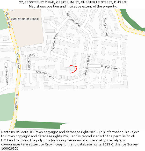 27, FROSTERLEY DRIVE, GREAT LUMLEY, CHESTER LE STREET, DH3 4SJ: Location map and indicative extent of plot