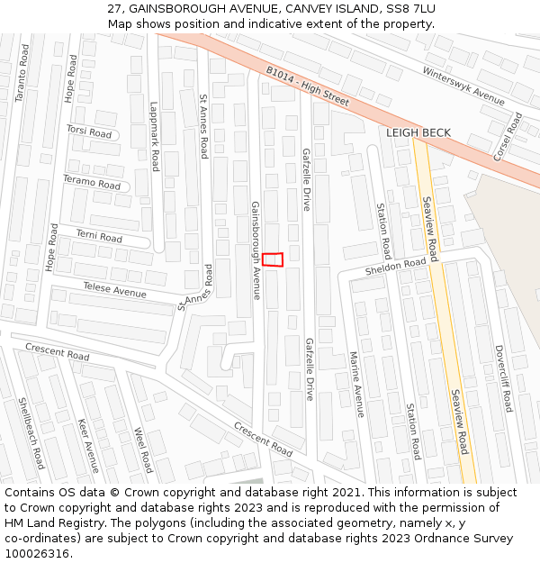 27, GAINSBOROUGH AVENUE, CANVEY ISLAND, SS8 7LU: Location map and indicative extent of plot