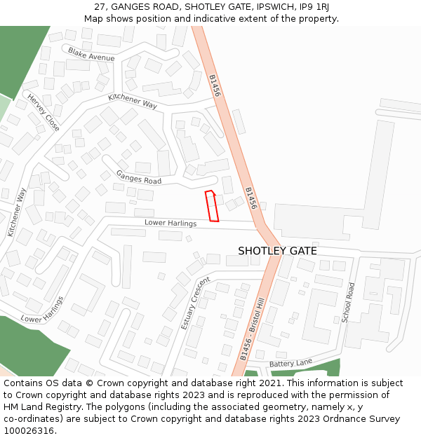 27, GANGES ROAD, SHOTLEY GATE, IPSWICH, IP9 1RJ: Location map and indicative extent of plot