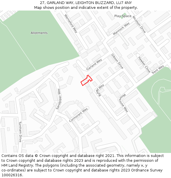 27, GARLAND WAY, LEIGHTON BUZZARD, LU7 4NY: Location map and indicative extent of plot