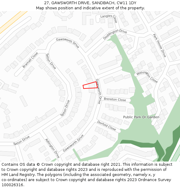 27, GAWSWORTH DRIVE, SANDBACH, CW11 1DY: Location map and indicative extent of plot
