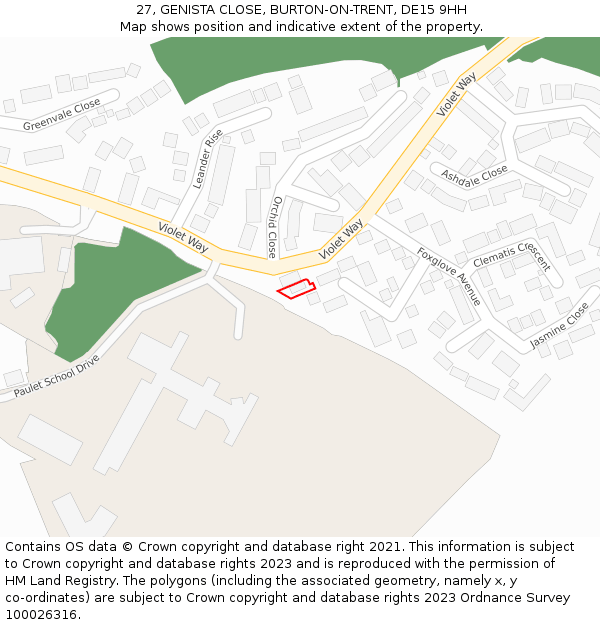 27, GENISTA CLOSE, BURTON-ON-TRENT, DE15 9HH: Location map and indicative extent of plot
