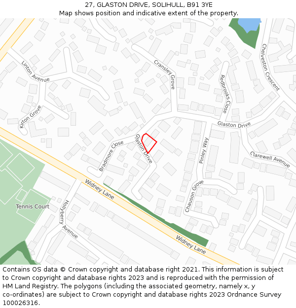 27, GLASTON DRIVE, SOLIHULL, B91 3YE: Location map and indicative extent of plot