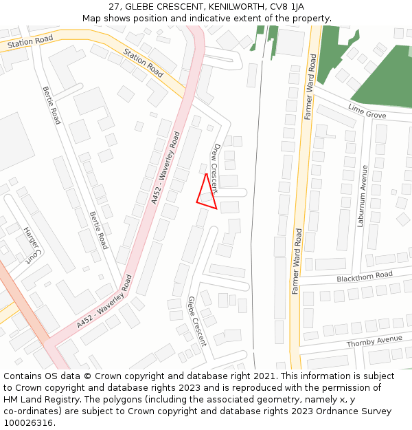 27, GLEBE CRESCENT, KENILWORTH, CV8 1JA: Location map and indicative extent of plot