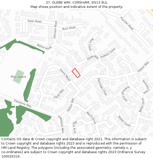 27, GLEBE WAY, CORSHAM, SN13 9UL: Location map and indicative extent of plot