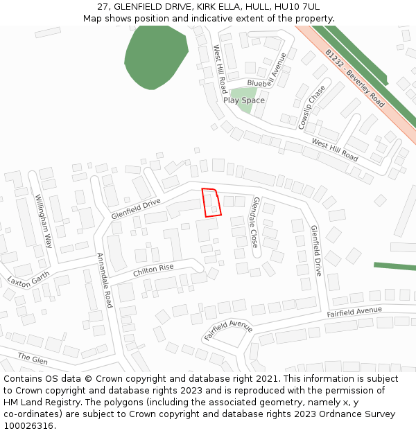 27, GLENFIELD DRIVE, KIRK ELLA, HULL, HU10 7UL: Location map and indicative extent of plot