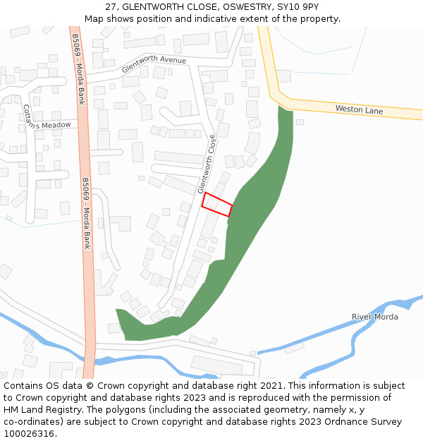 27, GLENTWORTH CLOSE, OSWESTRY, SY10 9PY: Location map and indicative extent of plot