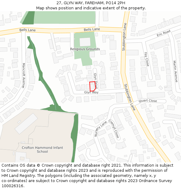 27, GLYN WAY, FAREHAM, PO14 2PH: Location map and indicative extent of plot