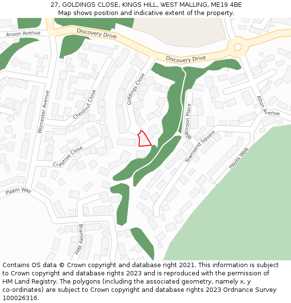 27, GOLDINGS CLOSE, KINGS HILL, WEST MALLING, ME19 4BE: Location map and indicative extent of plot