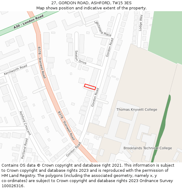 27, GORDON ROAD, ASHFORD, TW15 3ES: Location map and indicative extent of plot