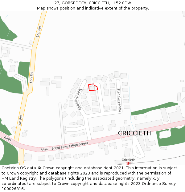 27, GORSEDDFA, CRICCIETH, LL52 0DW: Location map and indicative extent of plot