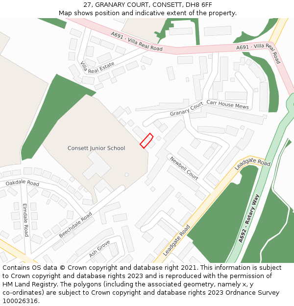27, GRANARY COURT, CONSETT, DH8 6FF: Location map and indicative extent of plot