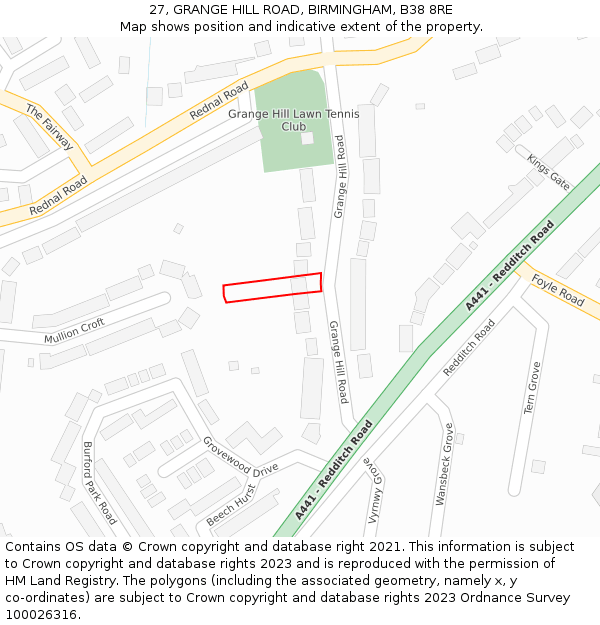 27, GRANGE HILL ROAD, BIRMINGHAM, B38 8RE: Location map and indicative extent of plot