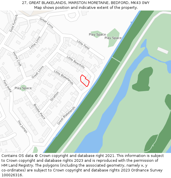 27, GREAT BLAKELANDS, MARSTON MORETAINE, BEDFORD, MK43 0WY: Location map and indicative extent of plot