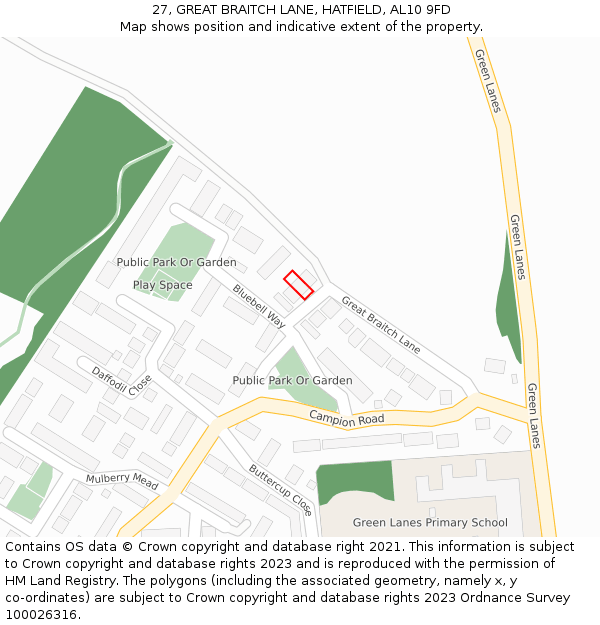 27, GREAT BRAITCH LANE, HATFIELD, AL10 9FD: Location map and indicative extent of plot