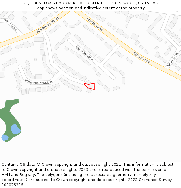 27, GREAT FOX MEADOW, KELVEDON HATCH, BRENTWOOD, CM15 0AU: Location map and indicative extent of plot