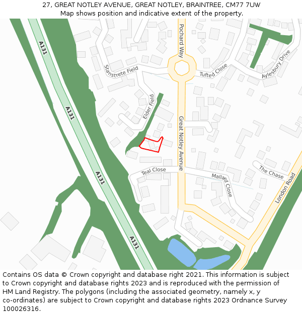 27, GREAT NOTLEY AVENUE, GREAT NOTLEY, BRAINTREE, CM77 7UW: Location map and indicative extent of plot