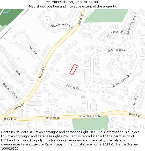 27, GREENFIELDS, LISS, GU33 7EH: Location map and indicative extent of plot