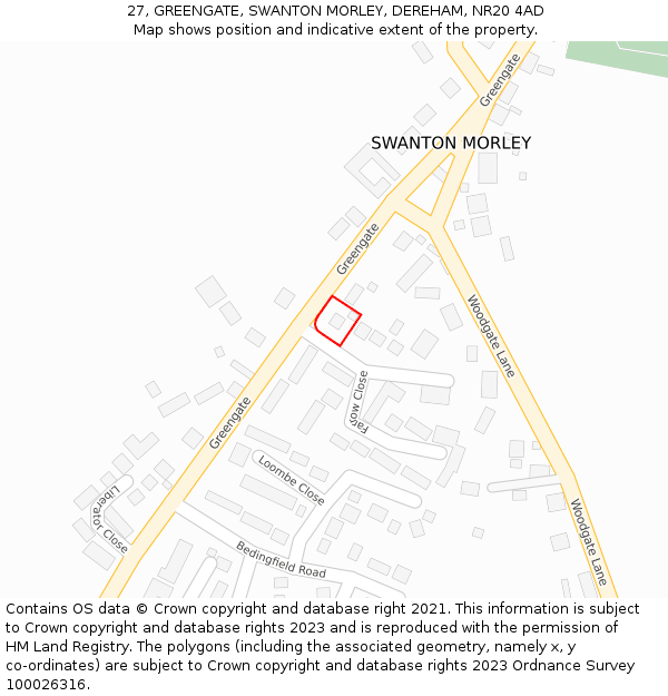 27, GREENGATE, SWANTON MORLEY, DEREHAM, NR20 4AD: Location map and indicative extent of plot