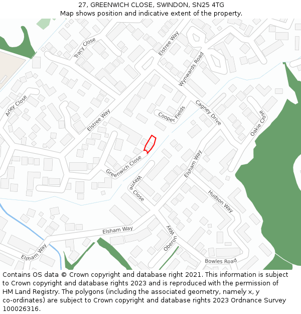 27, GREENWICH CLOSE, SWINDON, SN25 4TG: Location map and indicative extent of plot