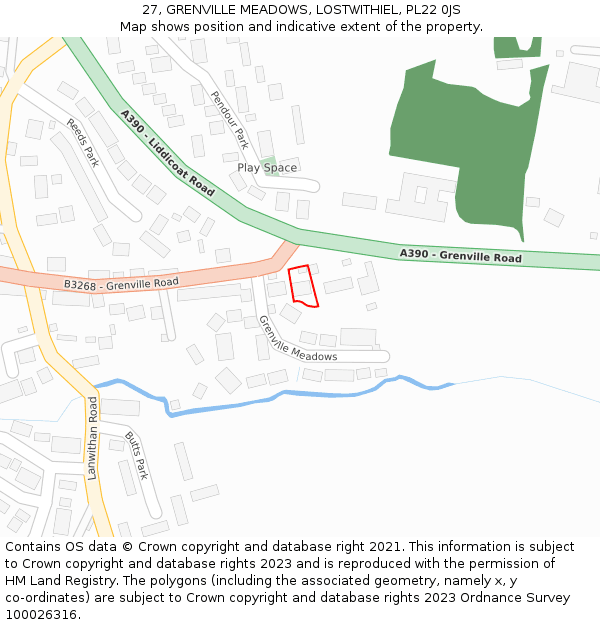 27, GRENVILLE MEADOWS, LOSTWITHIEL, PL22 0JS: Location map and indicative extent of plot