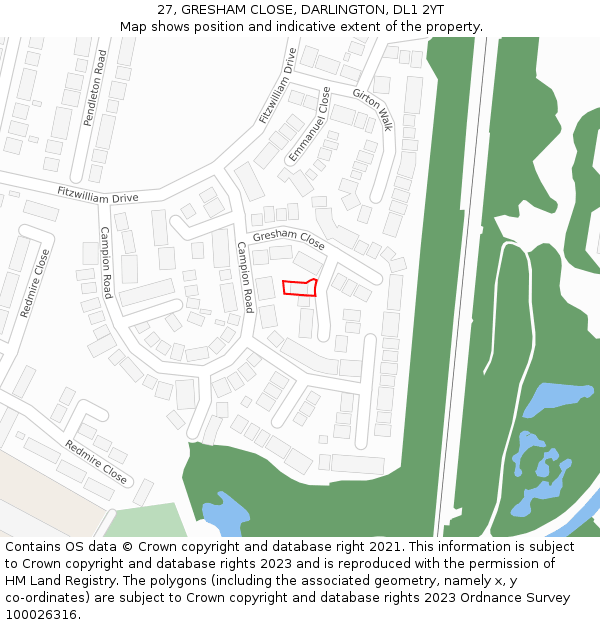 27, GRESHAM CLOSE, DARLINGTON, DL1 2YT: Location map and indicative extent of plot