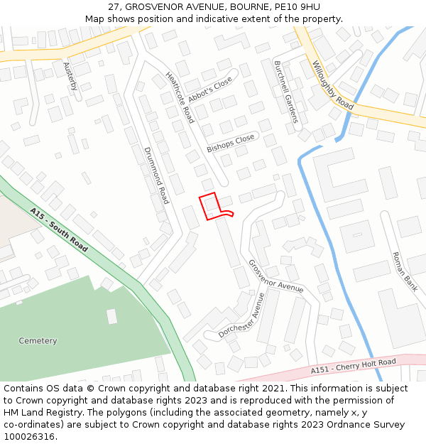 27, GROSVENOR AVENUE, BOURNE, PE10 9HU: Location map and indicative extent of plot