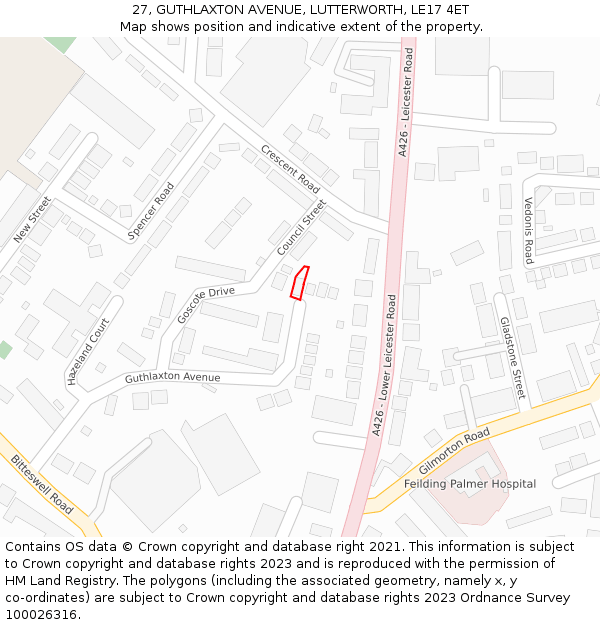 27, GUTHLAXTON AVENUE, LUTTERWORTH, LE17 4ET: Location map and indicative extent of plot