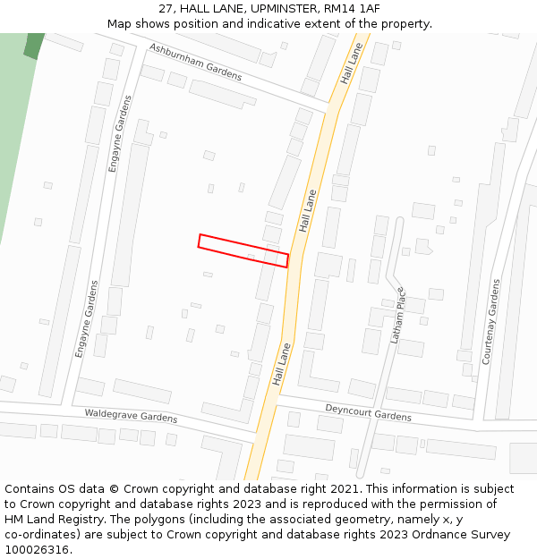 27, HALL LANE, UPMINSTER, RM14 1AF: Location map and indicative extent of plot