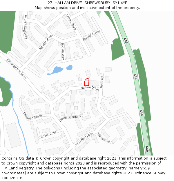 27, HALLAM DRIVE, SHREWSBURY, SY1 4YE: Location map and indicative extent of plot