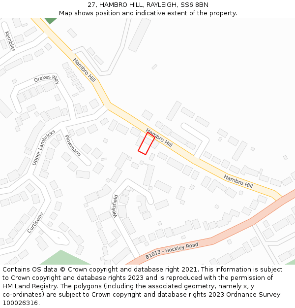 27, HAMBRO HILL, RAYLEIGH, SS6 8BN: Location map and indicative extent of plot