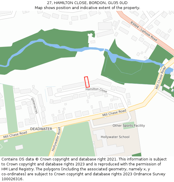 27, HAMILTON CLOSE, BORDON, GU35 0UD: Location map and indicative extent of plot