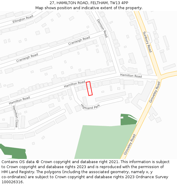 27, HAMILTON ROAD, FELTHAM, TW13 4PP: Location map and indicative extent of plot