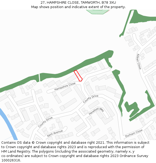 27, HAMPSHIRE CLOSE, TAMWORTH, B78 3XU: Location map and indicative extent of plot