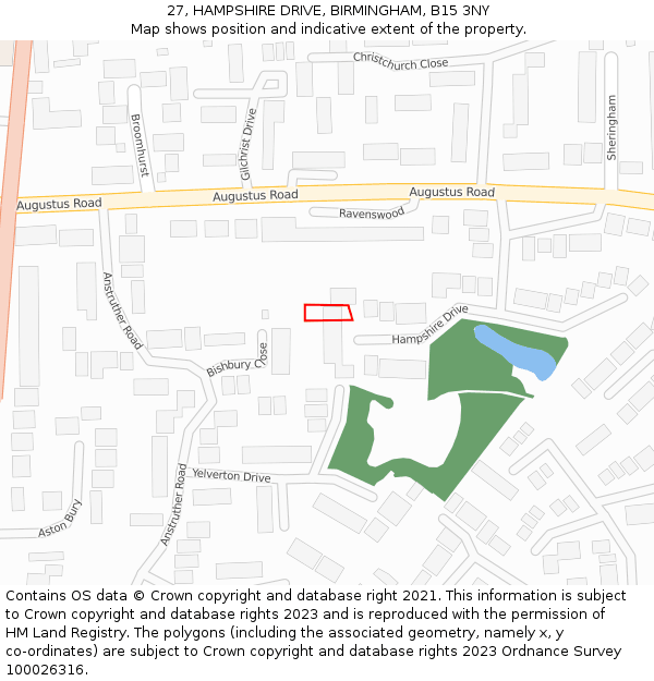 27, HAMPSHIRE DRIVE, BIRMINGHAM, B15 3NY: Location map and indicative extent of plot