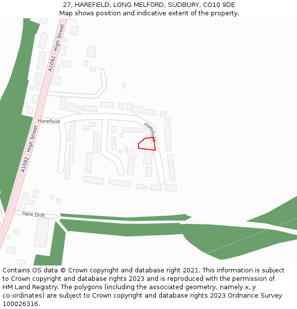 27, HAREFIELD, LONG MELFORD, SUDBURY, CO10 9DE: Location map and indicative extent of plot