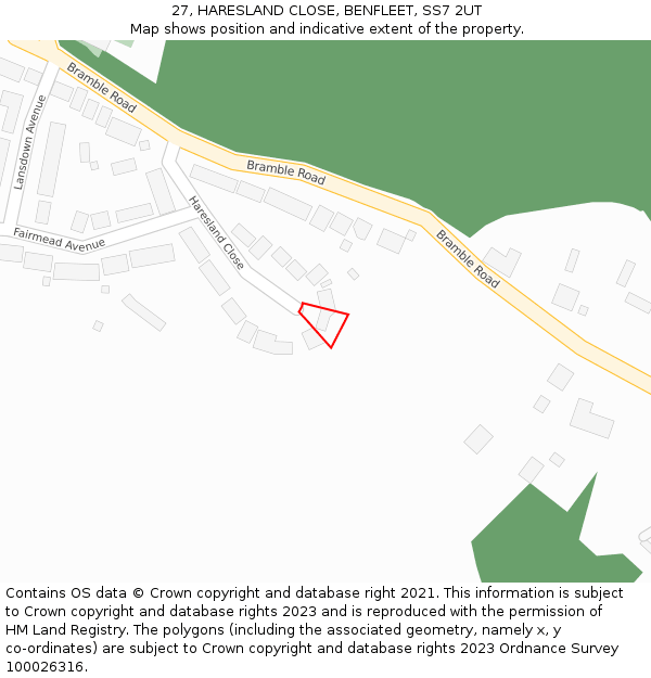 27, HARESLAND CLOSE, BENFLEET, SS7 2UT: Location map and indicative extent of plot