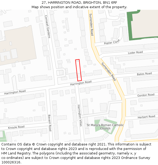 27, HARRINGTON ROAD, BRIGHTON, BN1 6RF: Location map and indicative extent of plot