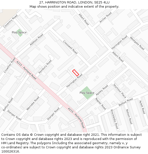 27, HARRINGTON ROAD, LONDON, SE25 4LU: Location map and indicative extent of plot