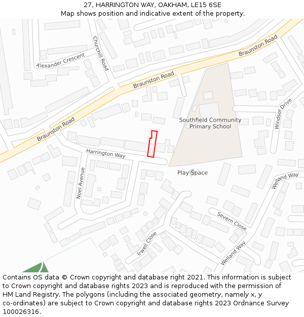 27, HARRINGTON WAY, OAKHAM, LE15 6SE: Location map and indicative extent of plot