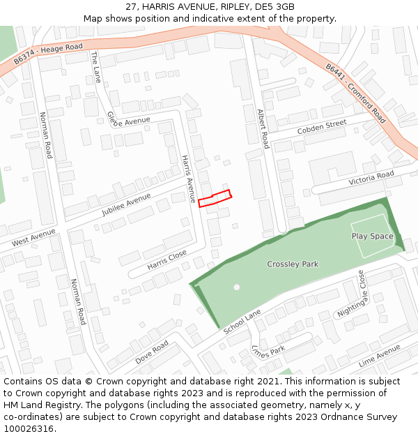 27, HARRIS AVENUE, RIPLEY, DE5 3GB: Location map and indicative extent of plot