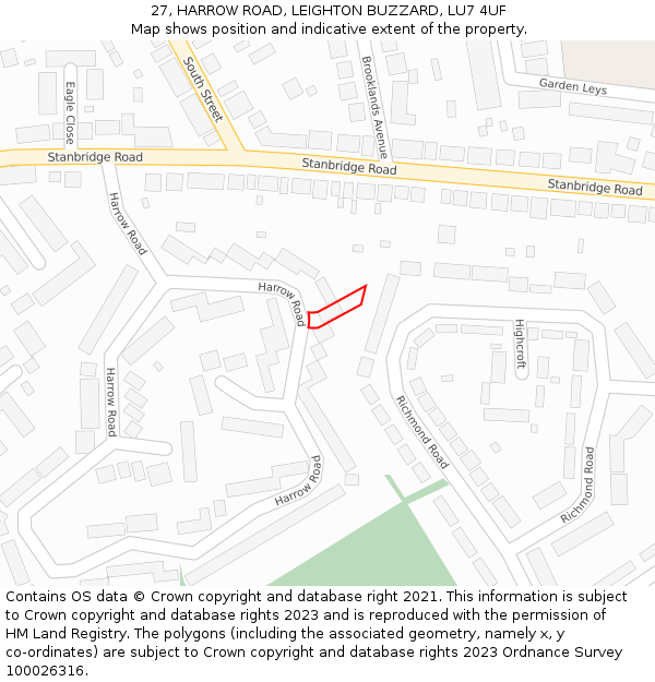 27, HARROW ROAD, LEIGHTON BUZZARD, LU7 4UF: Location map and indicative extent of plot