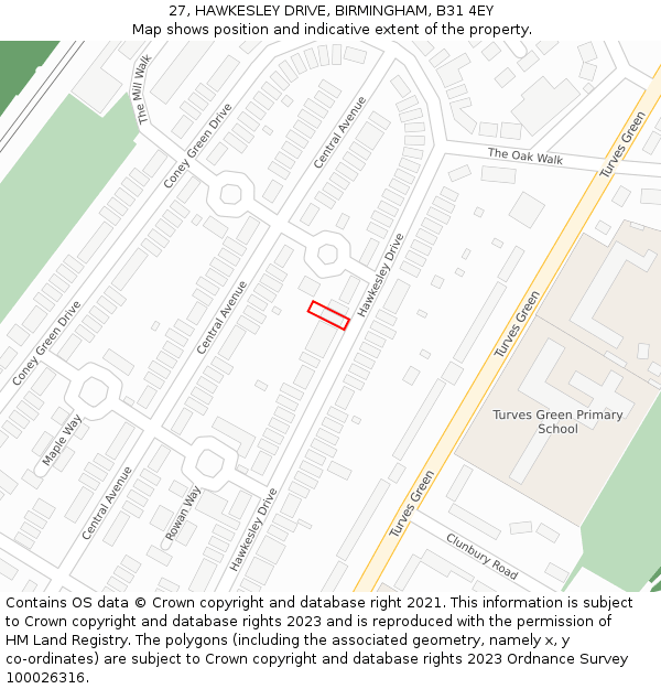 27, HAWKESLEY DRIVE, BIRMINGHAM, B31 4EY: Location map and indicative extent of plot