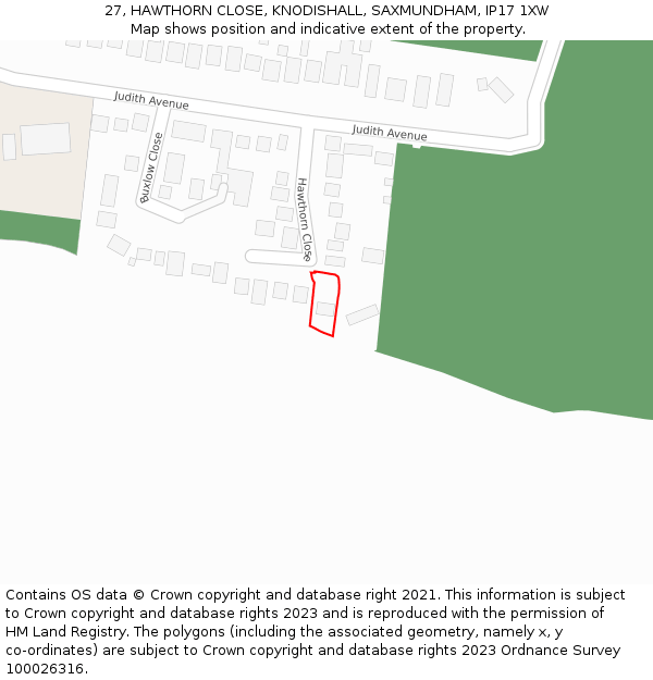 27, HAWTHORN CLOSE, KNODISHALL, SAXMUNDHAM, IP17 1XW: Location map and indicative extent of plot